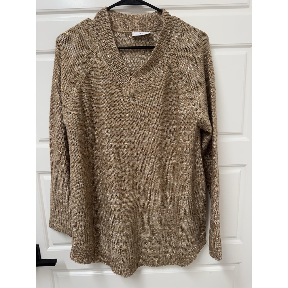 Princess Cruises Women Tan Gold Sparkle Sequin V-Neck Sweater Large Pullover